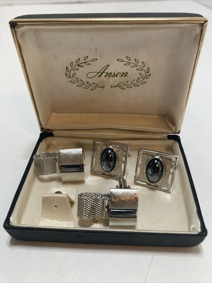 VTG Pair Ansen Hematite & Silvertone + Pair Mesh Wrap Around Cuff Links In Case - Image 1 of 1