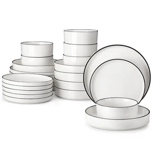 MALACASA 24 Piezas Porcelana Juego de Vajilla Borde Negro Juego de Cuencos y Platos - Imagen 1 de 19