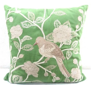 Villa by Noble Excellence Bird and Floral Embroidered Green Pillow Schumacher - Picture 1 of 11
