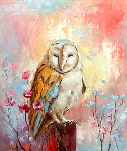 Owl fantasy oil painting on canvas board. 10'' x 12'' - Picture 1 of 3