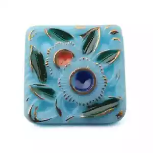 Czech vintage square blue Deco floral glass button hand painted gold gilt 22mm - Picture 1 of 3
