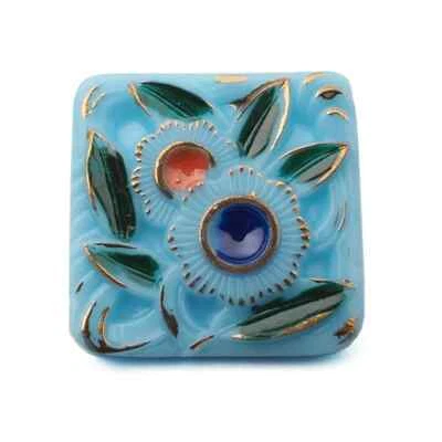 Czech vintage square blue Deco floral glass button hand painted gold gilt  22mm - Image 1 of 3