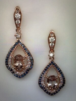10K Rose Gold Oval Shape Morganite and Blue and White Diamond Dangle Earrings - Image 1 of 4