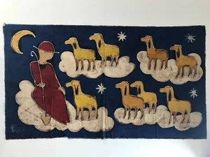 Wax Print Batik Fabric Art Wall Hanging Shepherd with Dogs in Clouds 34” X 19” - Picture 1 of 8