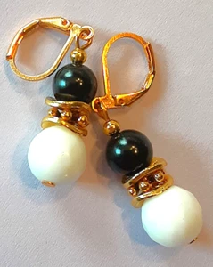 faceted WHITE JADE & Black Glass Pearl drop earring GP LEVERBACK XJ2 - Picture 1 of 7