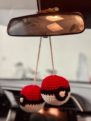 Crochet Handmade Pokemon Poke Ball Rearview Mirror Hang Decor Fandom Red  - Image 1 of 4