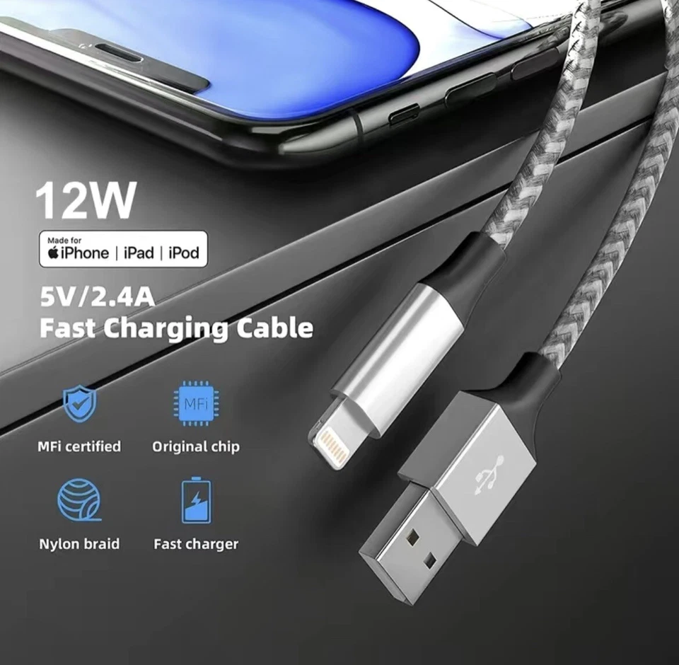 USB Cable Heavy Duty For iPhone 13 12 11 X XR 8 7 Charging Cord (2 Pack) - Image 1 of 1