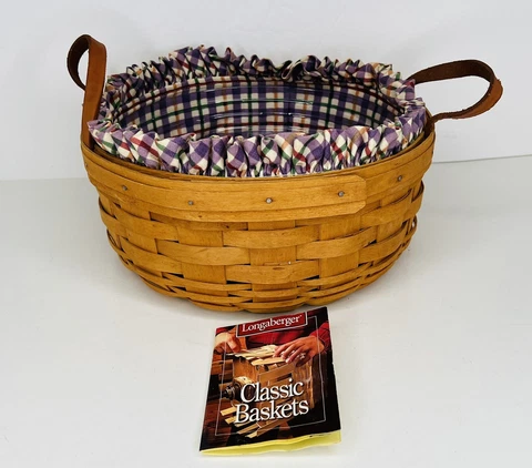1999 Longaberger Basket Darning Leather Handles Combo Purple Plaid Liner Tub Cover