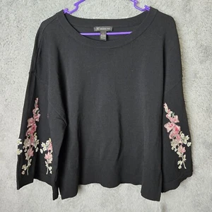 INC Womens Black Top with EMBRIODERED Sleeves Peony Garden NWT Size L BOHO CHIC - Picture 1 of 6