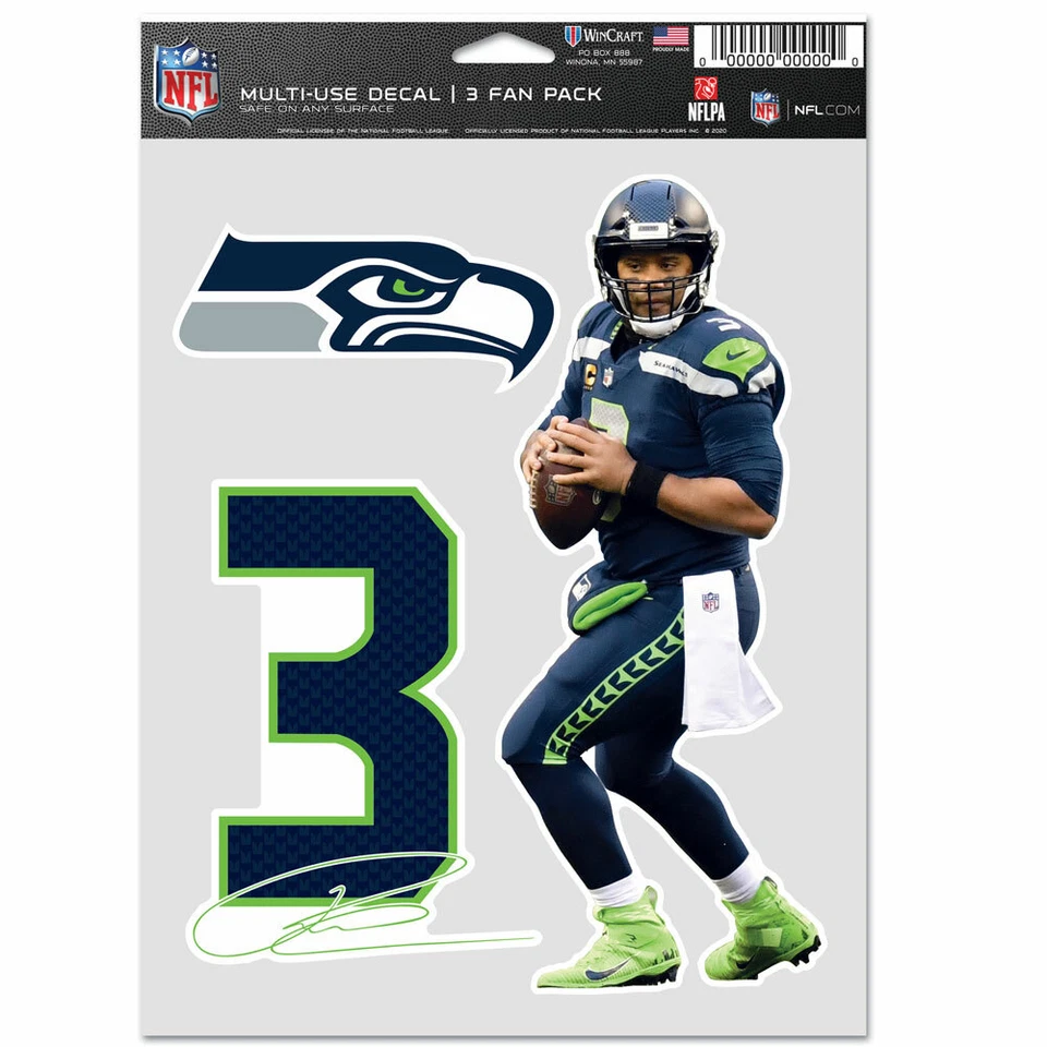CALCOMANÍAS MULTIUSOS RUSSELL WILSON SEATTLE SEAHAWKS 3 PIEZAS LICENCIA NFL  Foto 1 de 1