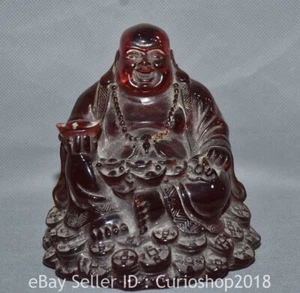 4.8" Old Chinese Buddhism Red Amber Carving Happy Laugh Maitreya Buddha Statue - Picture 1 of 8