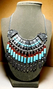 Unbranded~Vtg. Dangle Drop Diva Turquoise Cleopatra/ Indian Chunky Necklace - Picture 1 of 20