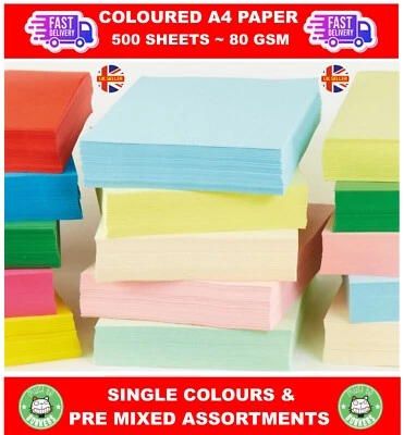 500 x A4 COLOURED PAPER 80GSM SHEETS - Standard Printer Copier Ream Arts & Craft