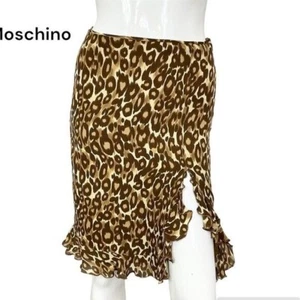 Moschino Leopard Print Silk Ruffled Knee Length Skirt Brown Tan Size 6 - Picture 1 of 7