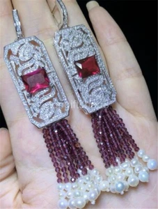 freshwater pearl whiet and red garnet 3mm round faceted earrings + red zircon ho - Picture 1 of 2