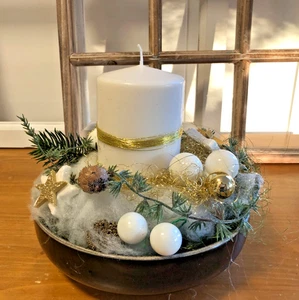 Adventsgesteck Gesteck in Steingut Schale Kerze edles Tischgesteck Tischkranz - Bild 1 von 5