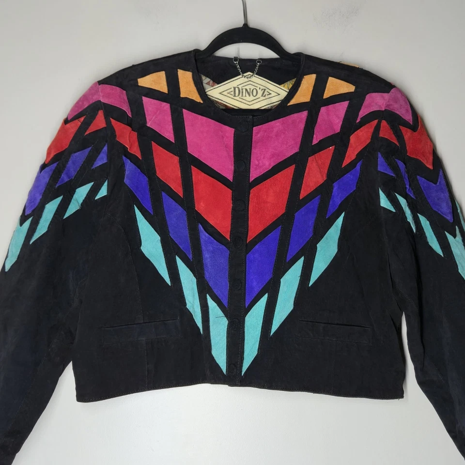 Chaqueta Dinoz Gamuza Retazos Para Mujer Talla Mediana Arte Moda Elegante Foto 1 de 4