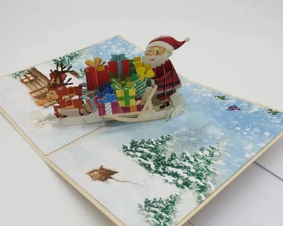 3D Pop Up Weihnachtskarte Schlitten Weihnachten Weihnachtsmann NEU OVP - Bild 1 von 3