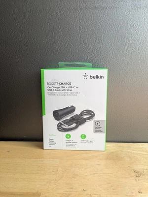 Belkin BoostCharge Car Charger 27W + USB-C to USB-C Cable with Strap Black - Image 1 of 4