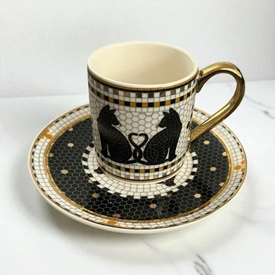 Anthropologie Bistro Tile Black Cats Espresso Cup Saucer Set NEW Halloween 5 oz - Image 1 of 4