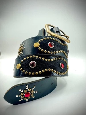 Vintage 1930s Handmade Black Leather Belt Red Stingray Patches Studs Brass 35 - Image 1 of 4