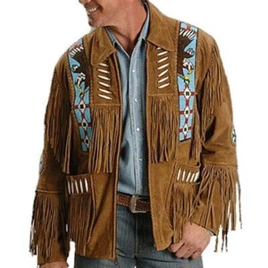 Men Native American Western Cowboy Leather Jacket Suede Coat Fringe Eagle Beads - Picture 1 of 4