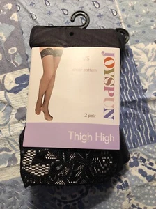 JOYSPUN Women's Sheer Black Thigh Highs 2Pair ~ Both Pairs Dot w/ Lace Tops NWT - Picture 1 of 2