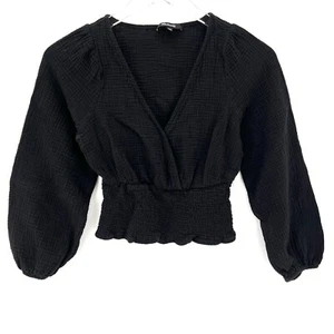 Madewell Lightspun Julianne Smocked-Waist Top Size XXS Faux Wrap Gauze Black - Picture 1 of 12