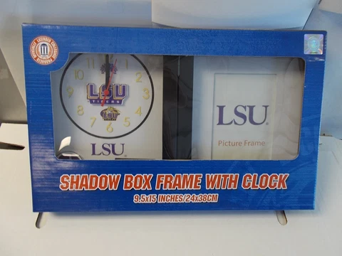 LSU Tigers Shadow Box Frame with Clock. 9-1/2" x 15" Cover
