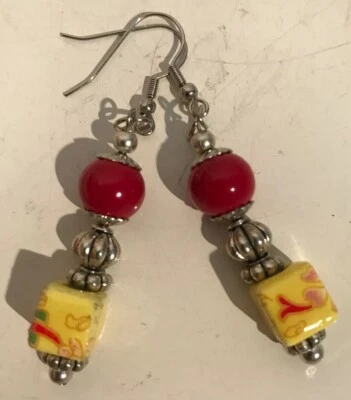Yellow And Red Ceramic Earrings Long Handmade 220 - Image 1 of 4