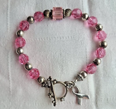 Pulsera de plata de ley 925 SJC con cuentas de vidrio palanca concienciación sobre el cáncer de mama Foto 1 de 4