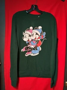 Vintage? Mickey Minnie Ice Skating Snow Christmas Green Fleece Sweatshirt - Picture 1 of 2