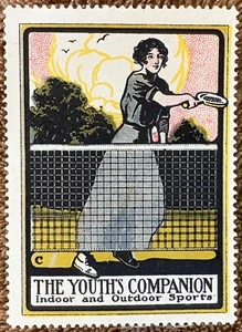 THE YOUTH’S COMPANION ADVERTISING POSTER STAMP-WOMAN PLAYING TENNIS~SPORTS - Picture 1 of 2