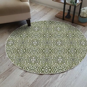 Round Olive Boho Rug, Khaki Eclectic, Army Green White Abstract, Modern Art Deco - Picture 1 of 4