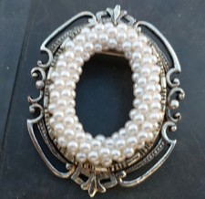 Vintage Beaded Oval Brooch in Ornate Silver Tone Frame, Lapel Pin