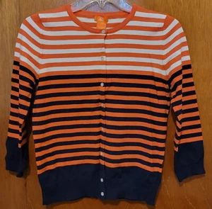 Petite Cardigan Orange White Navy Striped 3/4 Sleeve Excellent Condition - Picture 1 of 4