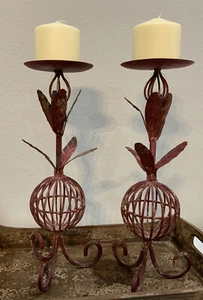 NOS Creative Co-op Red Distressed Metal Leaf Leaves Pillar Candle Holder Set 2 - Picture 1 of 8