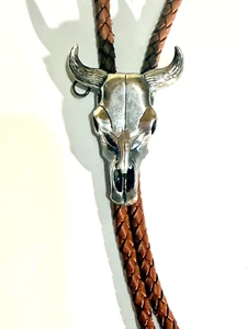 Sterling Silver Steer Skull Bolo Tie Brown Leather Braided Cord GR - Picture 1 of 6
