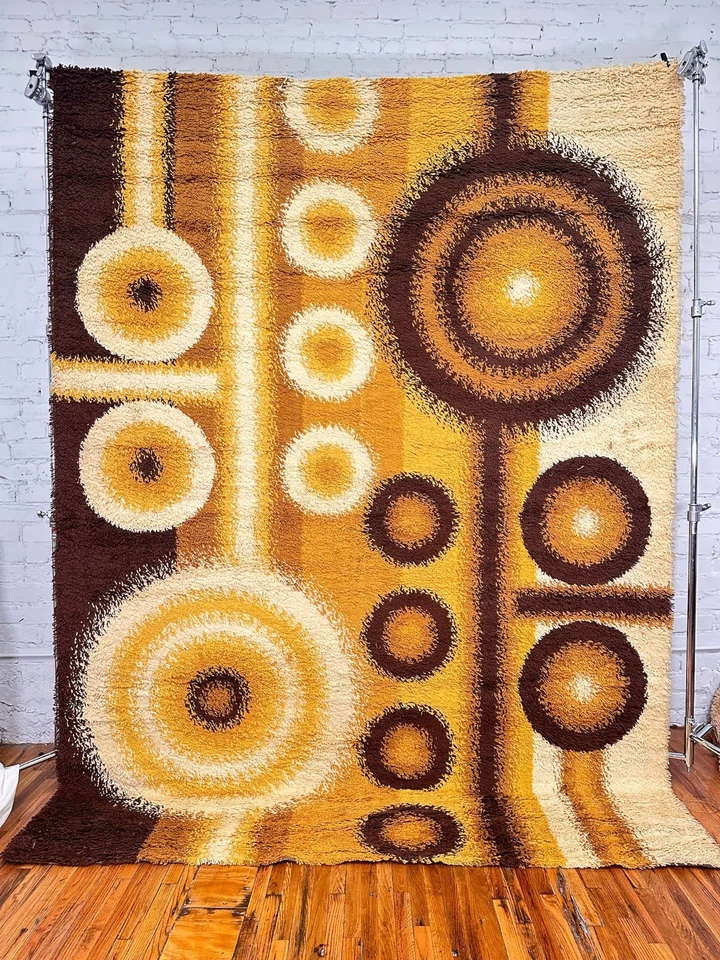 60's DANIA TAEPPER Circles Yellow Cream UNUSED Mid Century Danish Rya Rug Modern - Image 1 of 4