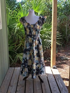 Anna Scholz Dress Sz 14 Blue Brown Floral Print Off Shoulder Tie Back Waist Long - Picture 1 of 20