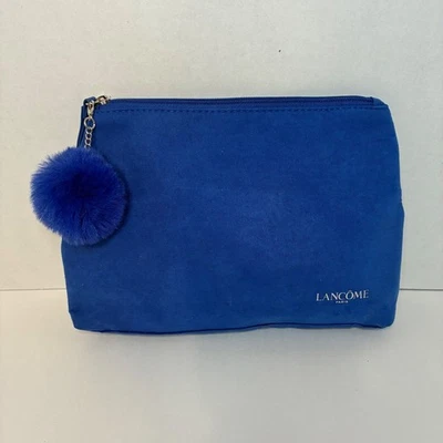 Lancome Paris Blue Faux Suede Cosmetic Bag Makeup Pouch with Pom Pom Charm Luxe - Image 1 of 4
