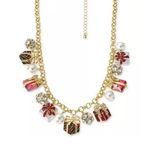 Christmas Present Necklace Gold Tone Faux Pearl Xmas Bow Holidays Stunning NWT - Picture 1 of 15