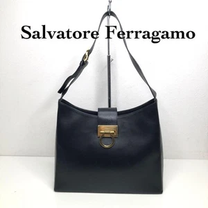 Salvatore Ferragamo Shoulder Bag Purse Gancini Leather Black Authentic - Picture 1 of 24