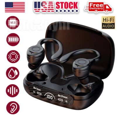 Bluetooth 5.3 Headset Wireless TWS Earphones Earbuds Headphones Ear Hook Stereo - Image 1 of 4