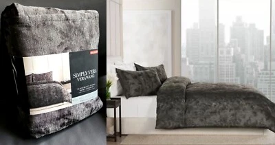 $160 Simply Vera Wang Black Beauty Abstract Floral Silver Duvet Sham Bed Set F/Q - Image 1 of 4