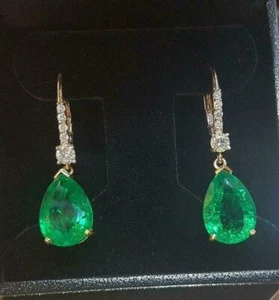 4Ct Pear Lab-Created Green Emerald Drop/Dangle Earrings 14K Yellow Gold Plated - Picture 1 of 4