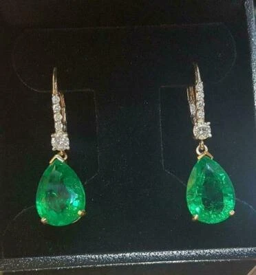 4Ct Pear Lab-Created Green Emerald Drop/Dangle Earrings 14K Yellow Gold Plated - Image 1 of 4