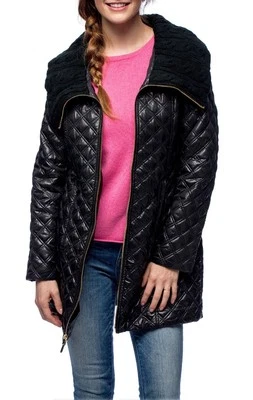 NUEVO Abrigo Chaqueta Caminante Via Spiga NEGRO M Diamante Edredón Cremallera Tejido Acanalado Cuello $208 Foto 1 de 4