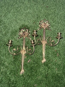 Vintage Französische Messing Wandleuchter Doppelarm Schleifen Kerzenhalter Quaste Neoklassizistisch - Bild 1 von 4
