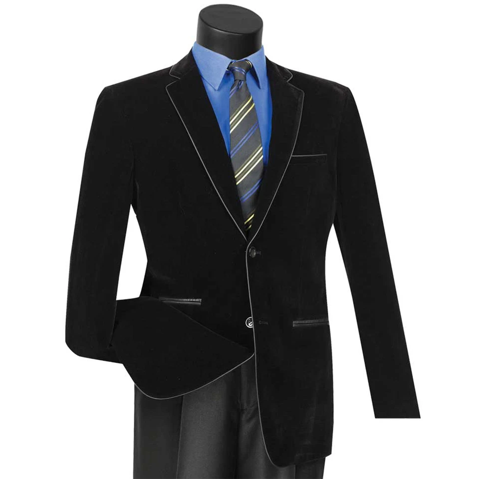 Blazer VINCI Para Hombre Terciopelo Negro 2 Botones Calce Ajustado con Borde de Cuero NUEVO Foto 1 de 2